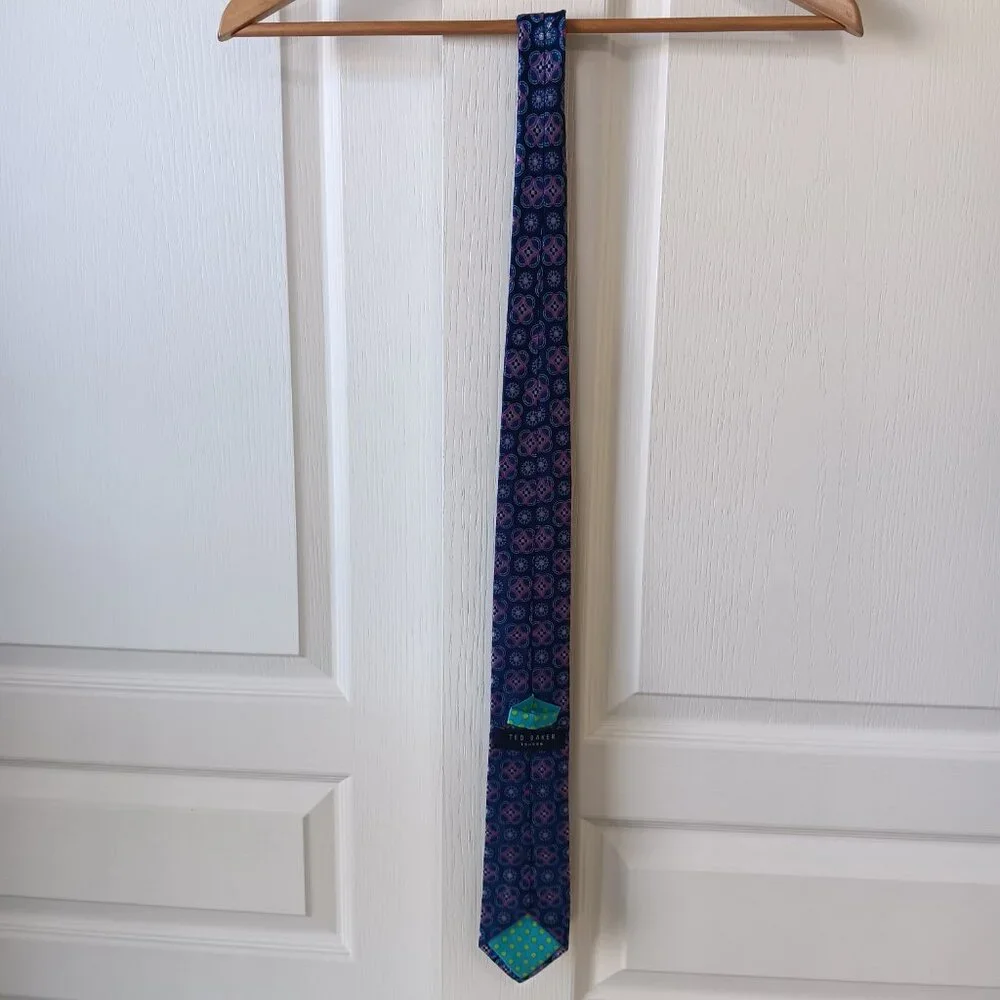 Ted Baker London Men's Navy Blue Purple Medallions Silk Tie L59